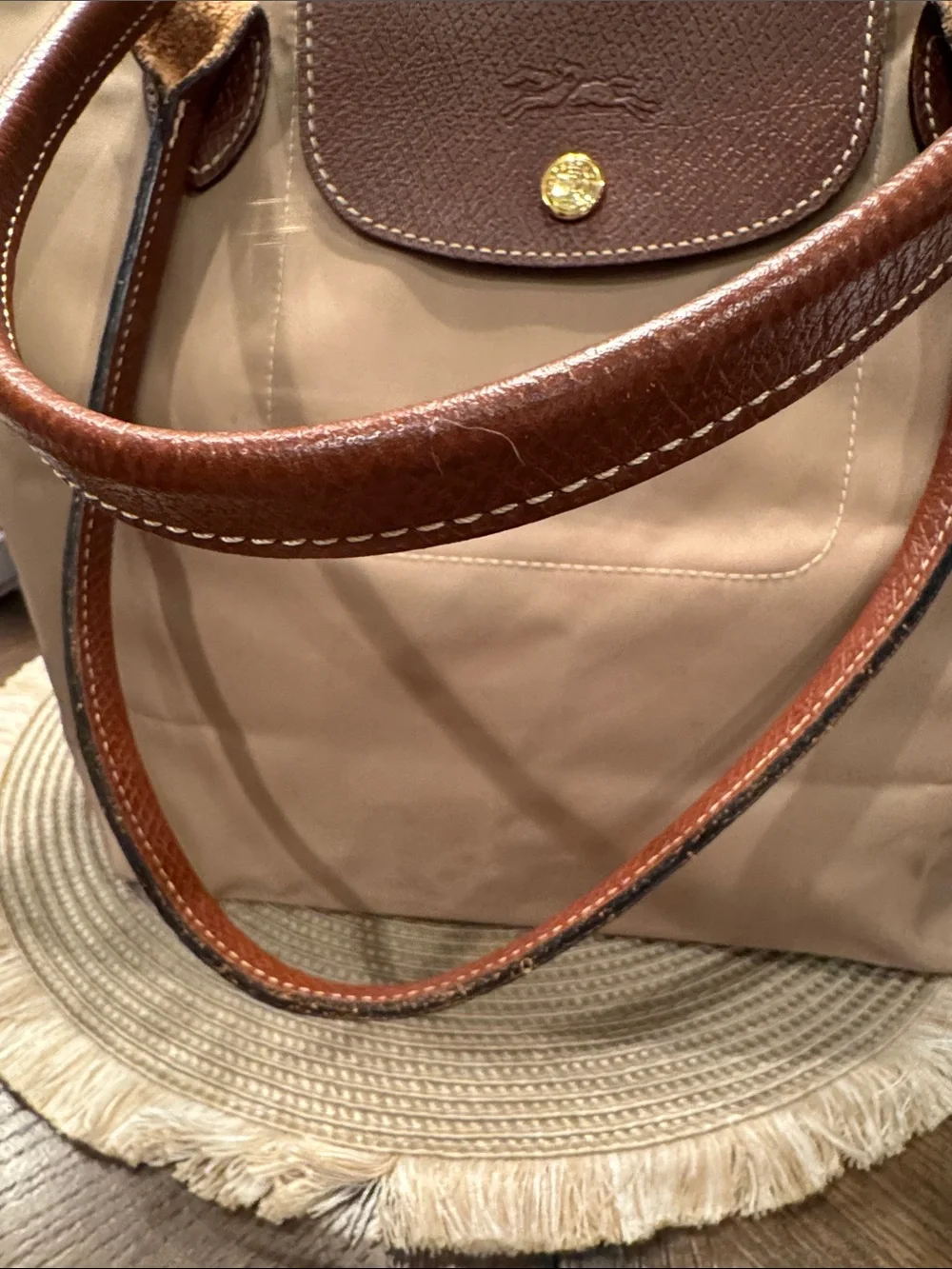 Longchamp Beige Nylon Shoulder Bag-tote 2-way bag with Brown Leather Trim - Picture 10 of 12
